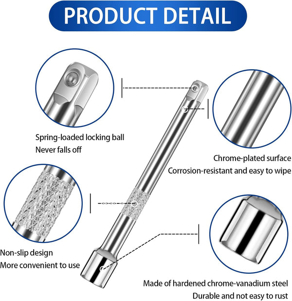 Molain 3Pcs 1/4Inch Socket Extension Set, Drive Extension Bar Set Includes 2''/50Mm, 4''/100Mm, and 6''/150Mm Inch Extensions Chrome Vanadium