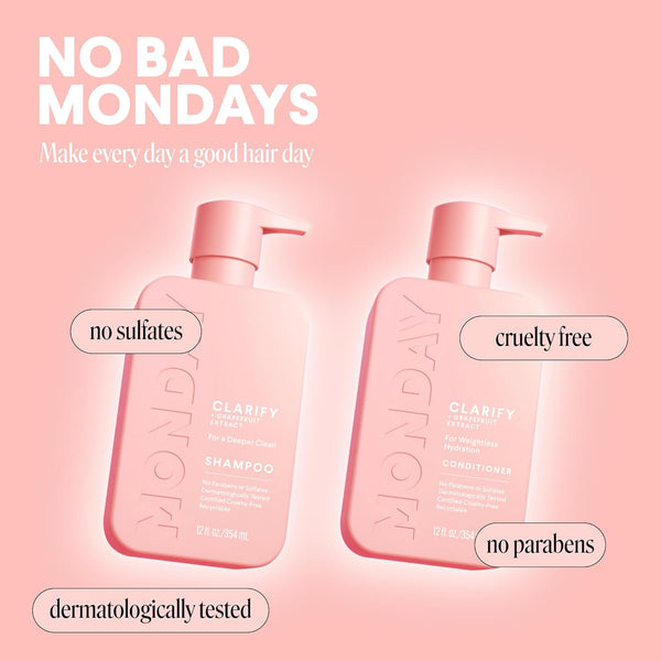 MONDAY HAIRCARE Clarify Shampoo and Conditioner Set 12 Oz for Oily Hair Made with Grapefruit Extract, Coconut Oil, Shea Butter, Vitamin E and