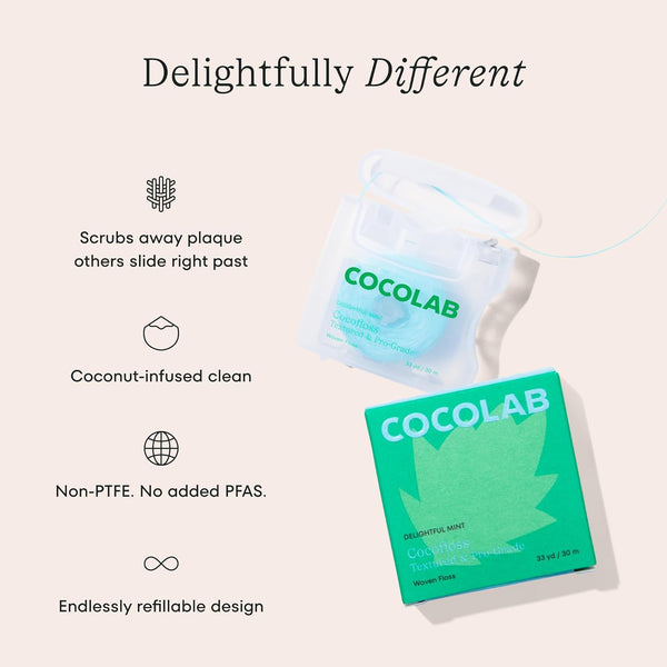 Cocofloss Woven Dental Floss, Dentist-Designed Oral Care, Mint, Waxed, Expanding, Vegan, Kid-Friendly String Floss with Coconut Oil, 1 Spool (33 Yd)
