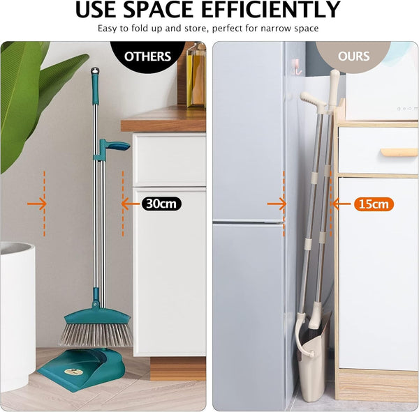 Broom and Dustpan Set with Long Handle, Light Weight Stainless Steel Poles Stand Upright Dustpans with Broom Combo for Home Kitchen Office Pet Dog