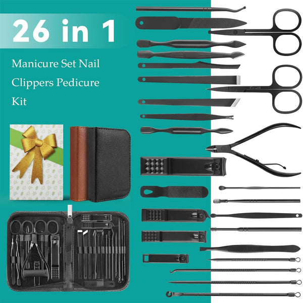Manicure Set, Professional Nail Clippers Pedicure Kit 26 Pieces Nail Care Tools for Travel & Grooming (Brown)