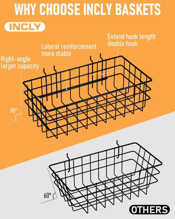 INCLY 4 Pack Pegboard Baskets Bins Set, 4 Size Square Style Black Metal Wire Basket for Any Peg Board Organizing Tools, Pegboard Accessories for
