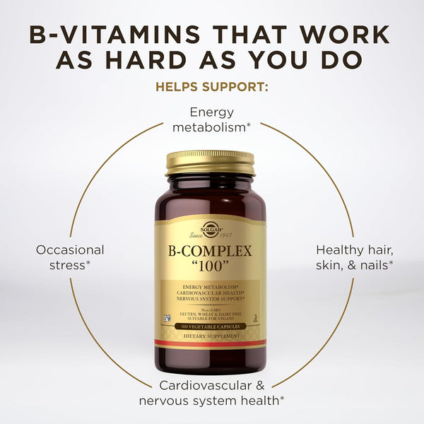 Solgar Bcomplex "100" Vegetable Capsules Heart Health Nervous System Support Supports Energy Metabolism Non GMO Vegan Gluten Free Dairy Free