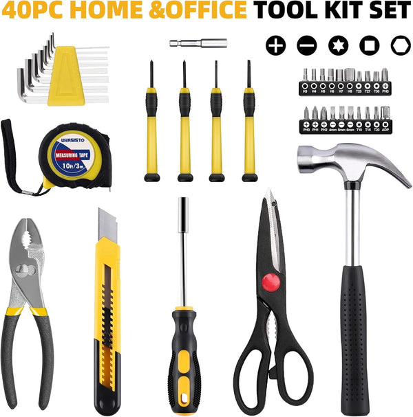 40-Piece Home Tool Kit with Easy Carrying Box, Small Basic Hand Tool Set Perfect for DIY Building, Home Maintenance and Woodworking, Great for