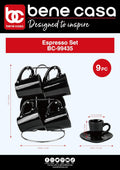 Bene Casa Black 9-Pc Espresso Set W/Metal Stand, 4 Espresso Cup Set, Cup & Saucer Set, Color Negro Juego De 4 Tazas Y 4 Platos Con Stand De Metal