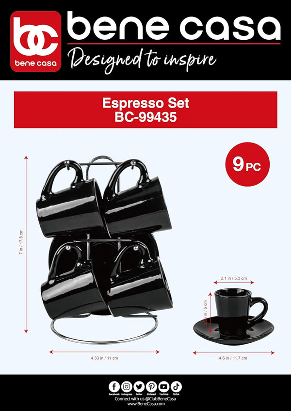 Bene Casa Black 9-Pc Espresso Set W/Metal Stand, 4 Espresso Cup Set, Cup & Saucer Set, Color Negro Juego De 4 Tazas Y 4 Platos Con Stand De Metal