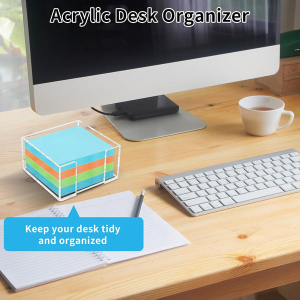 Acrylic Sticky Note Holder - 3 X 3 Inch Post It Note Holder, Crystal Clear Sticky Note Dispenser for Dorm Room Home and Office Acrylic Desk Organizer
