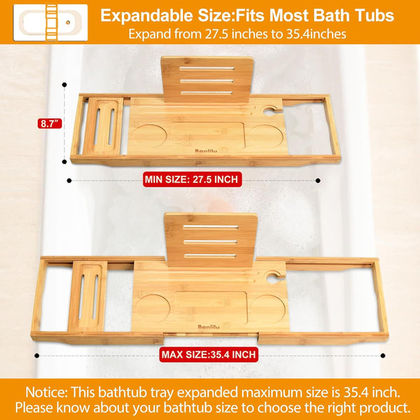 Luxury Bathtub Tray Caddy - Bath Tray Expandable - Bath Tub Tray Table for Bathtub - Bath Caddy Tray for Bathtub, Ajustable Size, Fits Most Tubs