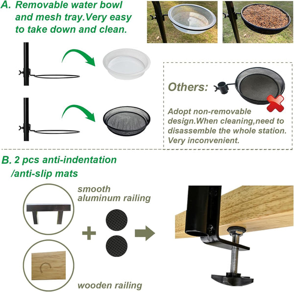Upgraded Bird Feeding Station Kit,Deck Railing Mounted Birds Feeder Pole for Balcony with 3 Hooks,Bird Bath,Metal Mesh Tray and Suet