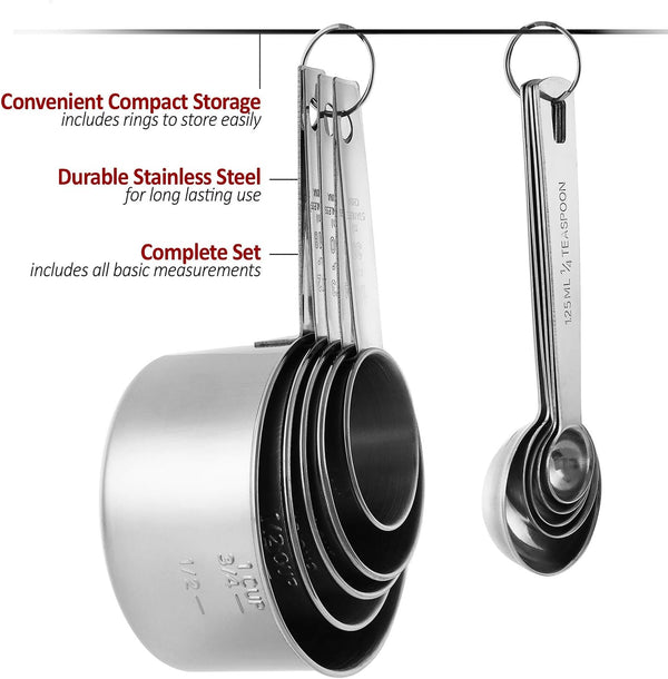 Stainless Steel Measuring Cups and Measuring Spoons 10-Piece Set, 5 Cups and 5 Spoons