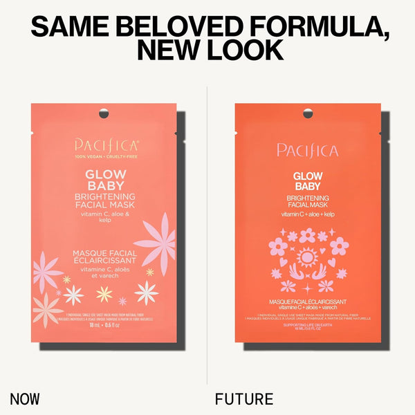 Pacifica Sheet Face Mask - Glow Baby Brightening Facial Mask W/Vitamin C, Aloe & Kelp â Cooling Mask for Dark Spots & Fine Lines - Clean Beauty