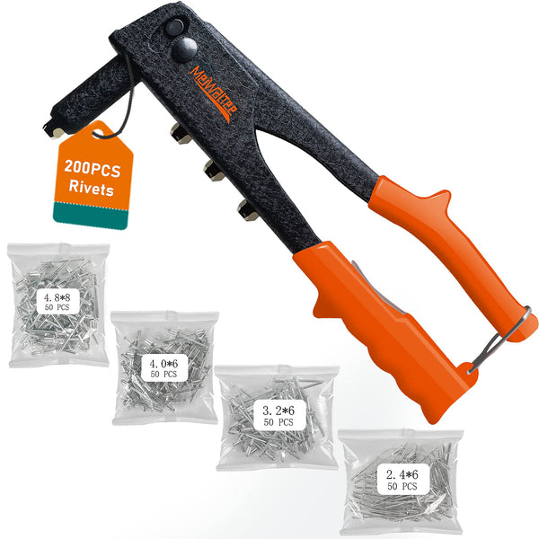 Meiwaltee Rivet Gun,Professional Pop Rivet Gun Kit with 200Pcs Rivets, 3/32"-1/8"-5/32"-3/16", Heavy Hand Riveter Kit Suitable for Metal Work,