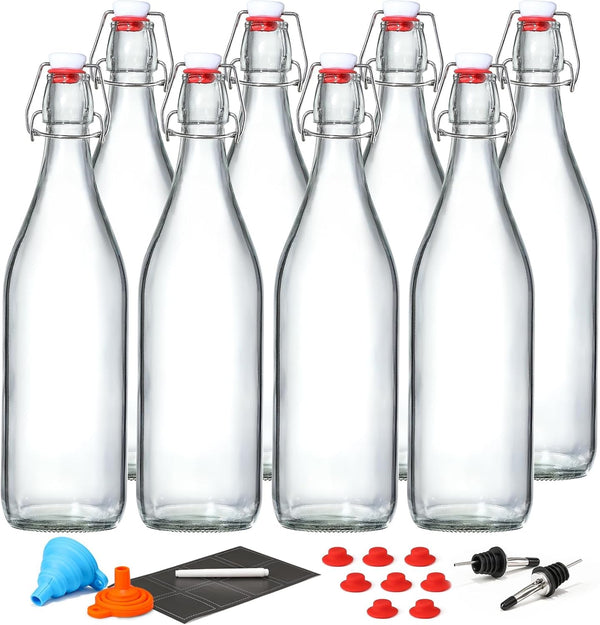 8 Pack [1 Liter / 33 Fl. Oz.] Swing Top Glass Bottles W/ Airtight Stopper Lids â Flip Top Brewing Bottle for Fermentation, Kombucha, Mead,
