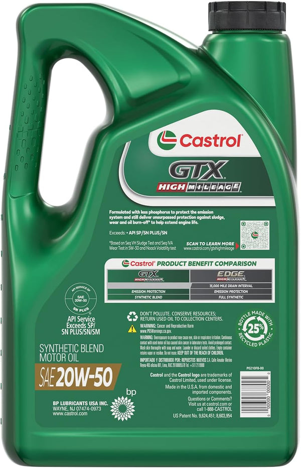 Castrol GTX High Mileage 20W-50 Synthetic Blend Motor Oil, 5 Quarts