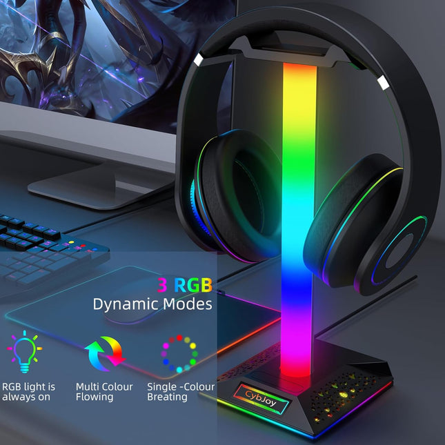 Gaming Headphone Stand PC Accessories - RGB Headset Stand with 2 USB and 1 Type-C Ports, LED Headphone Stand Gift for Bo