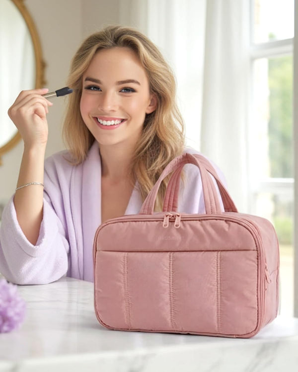 BAGSMART Travel Toiletry Bag, Puffy Large Toiletry Bag for Women, Lightweight Cosmetic Makeup Bag Organizer with Handle for Traveling,