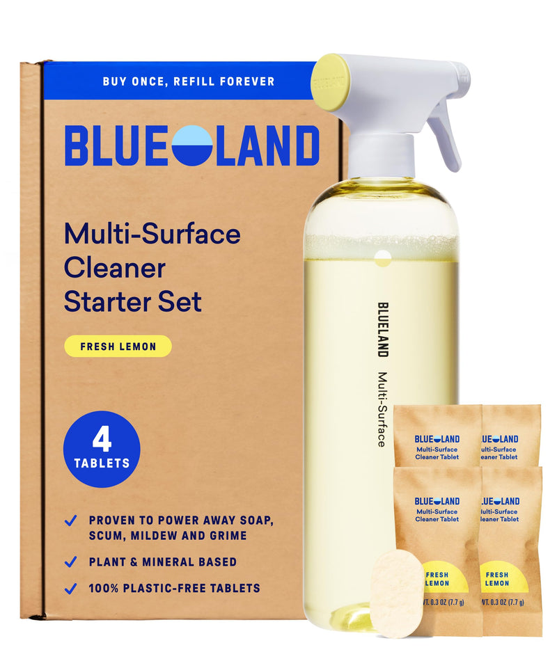 BLUELAND Multi-Surface Cleaner, Starter Set, Fresh Lemon Scent, Spray Bottle with 4 Refill Tablets, All-Purpose, Eco-Friendly Cleaning Supplies, 4