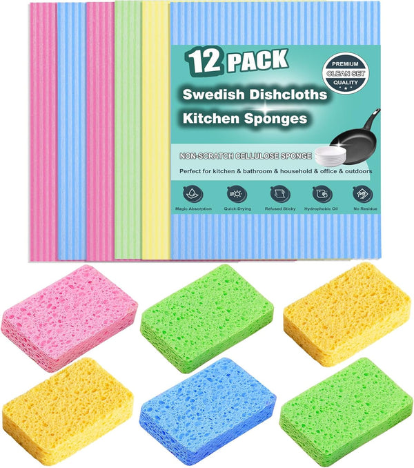 MEUUT 12 Packs Swedish Dishcloths and Kitchen Sponges for Cleaning, Reusable Absorbent Compressed Cellulose Cleaning Sponge Dish Clothes for