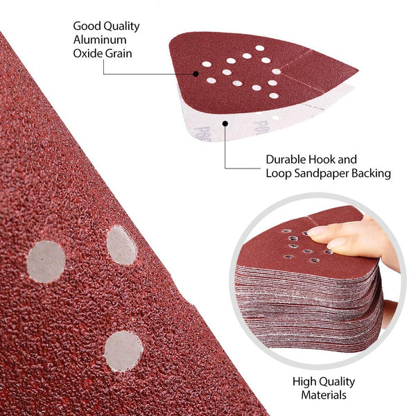 Lotfancy Sanding Pads for Black and Decker Mouse Sanders, 50PCS 60 80 120 150 220 Grit Sandpaper Assortment - 12 Hole Hook and Loop Palm Detail