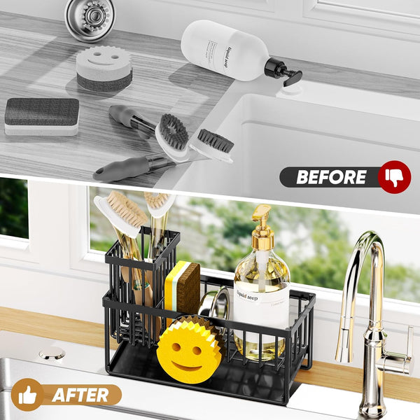 Sponge Holder for Kitchen Sink,Smiley Face Sink Caddy with Removable Brush Holder,Self-Draining Sponge Caddy for Sponge,Soap,Dish