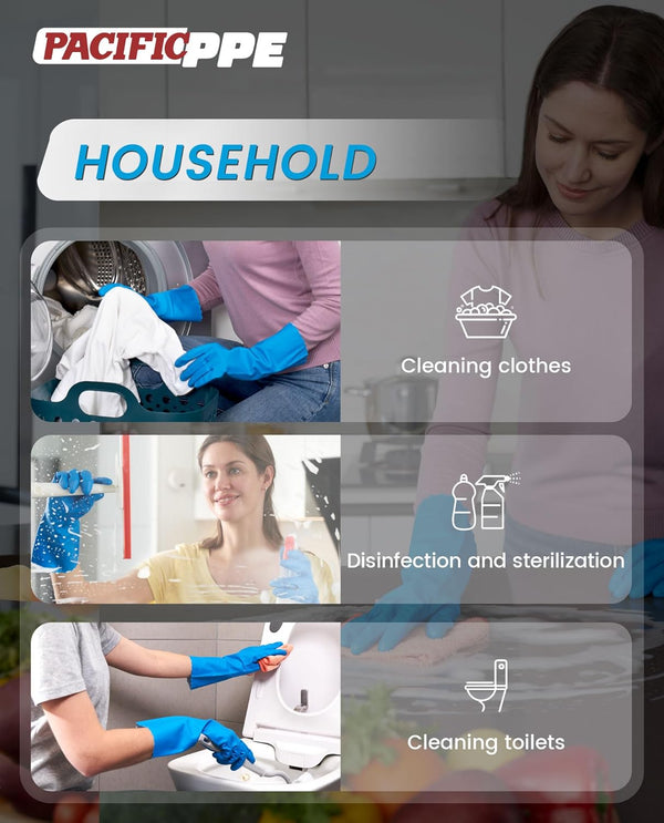 PACIFIC PPE 2 Pairs Reusable Dishwashing Cleaning Gloves, Household, Kitchen, Cotton Liner, Blue, Small