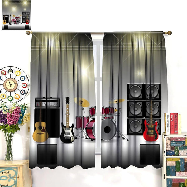 Rock Music Curtains, Teens Boys Electronic Musical Instrument Curtain Guitar Drum Speaker Window Drapes for Bedroom Living Room 42" W X 45" L