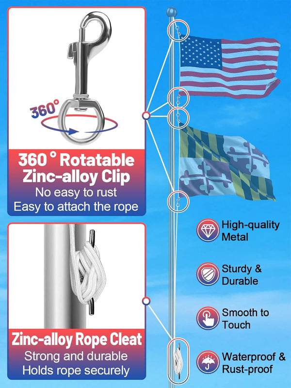 PAMASE Flag Rope and Clips Kit - 100Ft Flag Pole Rope Halyard with Cleat Hook & 4 Pcs Swivel Snap Clips for Flagpoles up to 50Ft, Outdoor Porch