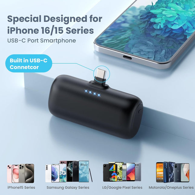 Mini Portable Charger USB C Power Bank,5200Mah 15W PD Phone Charger for Iphone,Ultra-Compact Plug in Battery Pack Compat