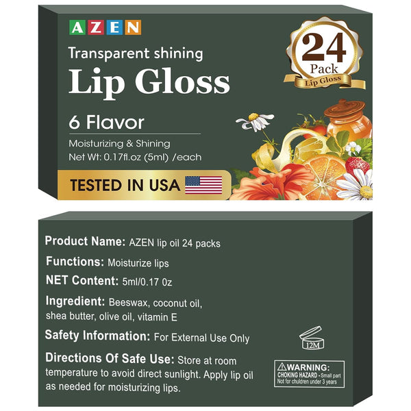 AZEN 24 Pack Lip Gloss Set, Clear Lip Gloss Bulk, Lip Oil for Dry Cracked Lips Moisturizing Hydrating Nourishing with Vitamin E, Valentines Gifts