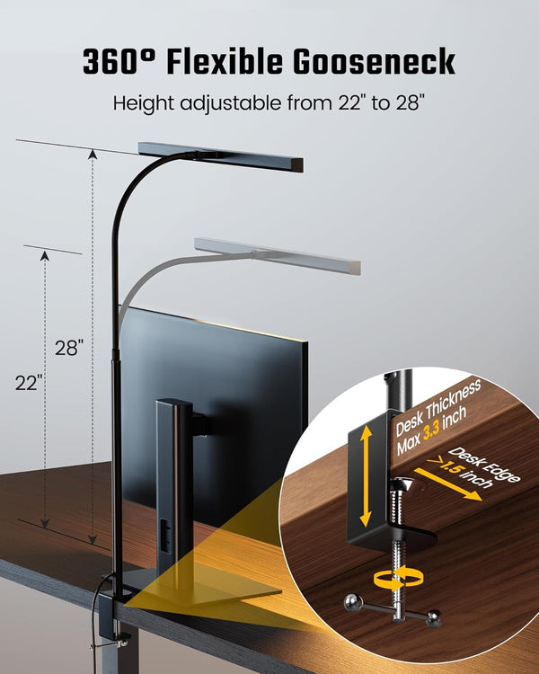 SUPERDANNY LED Desk Lamp for Office Home, Eye-Caring Desk Light with Adjustable Gooseneck, 12W Touch Control Dimmable Brightness, Architect Clamp
