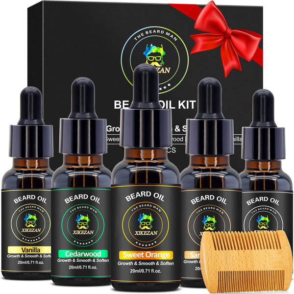 XIKEZAN 5 Pack Beard Oil Set W/Sandalwood,Orange,Vanilla,Cedarwood,Christmas Stocking Stuffers Fathers Valentines Gifts for Men Him Dad Boyfriend