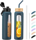 Kodrine Water Bottle with Straw, 24 Oz Glass Water Bottle with 2 Lids Bamboo Straw Lid and Spout Lid with Handle, 32 Oz Clear Water Bottle Glass