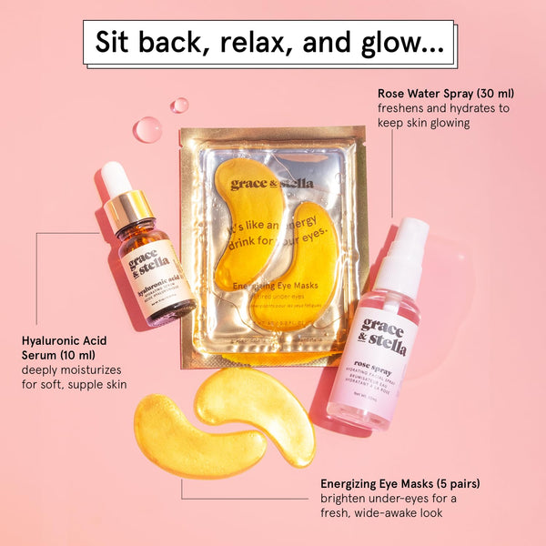 Grace & Stella Award-Winning Mothers Day Gifts for Mom, Birthday Gifts for Women - Travel Essentials with Gold Eye Masks, Hyaluronic Acid Serum &