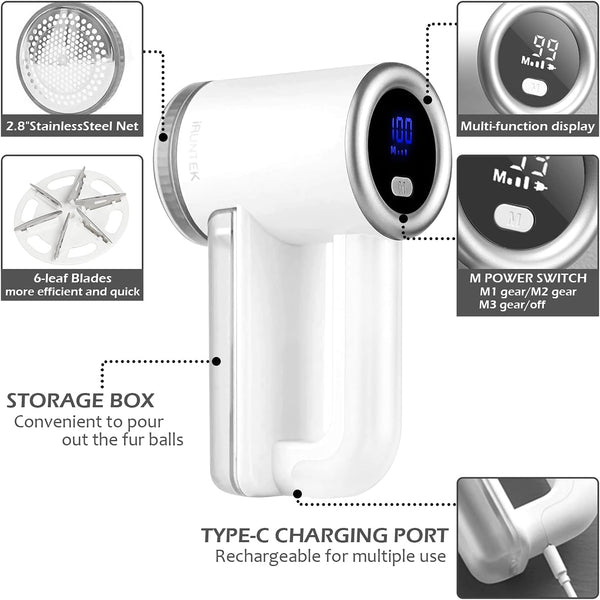 Iruntek Rechargeable Fabric Shaver, Electric Commercial Lint Remover with LED Display & Big Trash Box, 3-Speeds for Removing Fuzz and Pill from