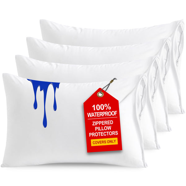 NTBAY 4 Pack Zippered Waterproof Queen Pillow Protectors, Super Soft Quiet Zip Pillow Protectors, 20x30 Inches Jersey Pure White Waterproof Pillow