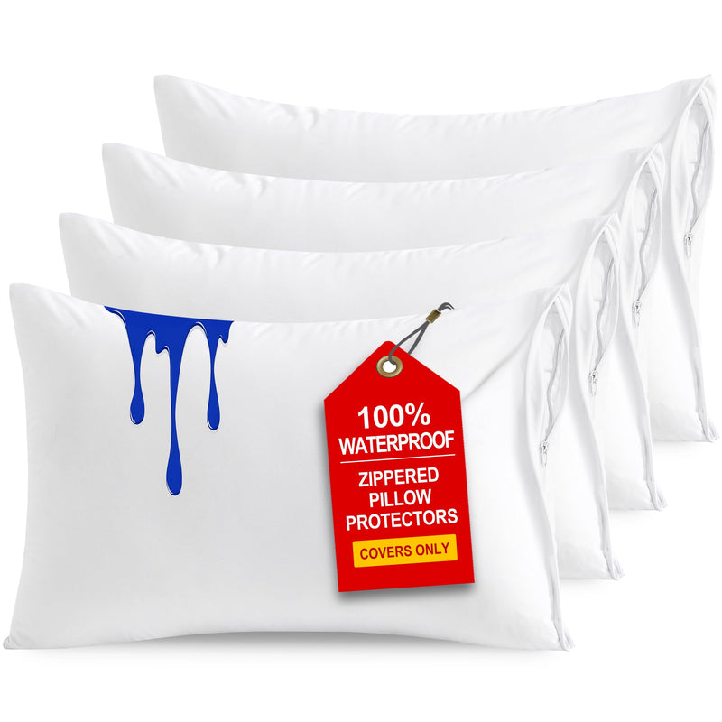 NTBAY 4 Pack Zippered Waterproof Queen Pillow Protectors, Super Soft Quiet Zip Pillow Protectors, 20x30 Inches Jersey Pure White Waterproof Pillow