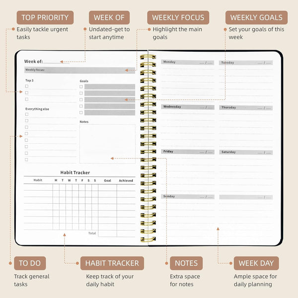 Weekly Planner Undated - 52 Weeks to Do List Notebook A5 for Work: Weekly Task, Habit Tracker Journal, Goal Setting, Agenda Sprial Bound Organizer