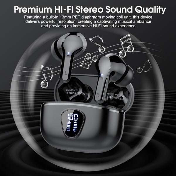 Wireless Earbuds Bluetooth 5.3 Headphones, 40H Playback Hifi Stereo Ear Buds with LED Display, ENC Noise Cancelling Earbuds, IP7 Waterproof In-Ear