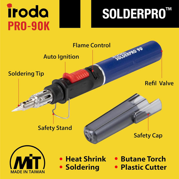 IRODA SOLDERPRO 90K Butane Soldering Iron Kit â 9 Piece Kit 3-In-1 Heat Tool (25â80W) Self-Igniting, Adjustable Flame, 17S Heat-Up, 53-Min