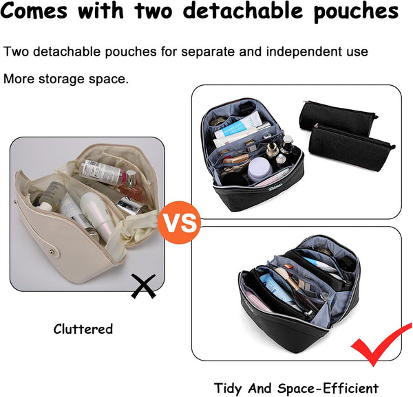BOYATU Travel Makeup Bag Organizer Cosmetic Bag: 3 Pcs Set Make up Bags for Women with Handle - Waterproof Vegan Leather Toiletry Bags with