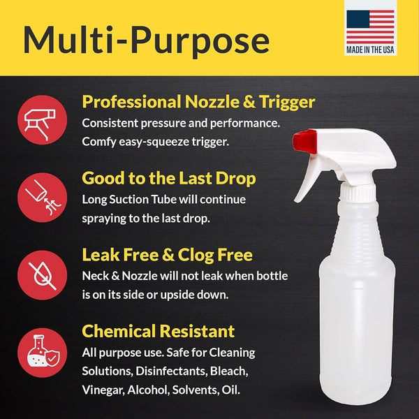 Pinnacle Mercantile Plastic Spray Bottles USA Made 4 Pack 16 Oz Heavy Duty No Leak Empty Refillable Spray Bottle Mist Stream for Cleaning
