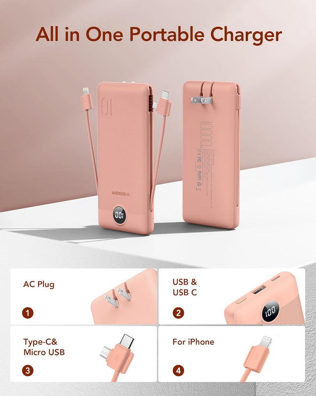 VEGER Portable Charger for Iphone Built in Cables and Wall Plug, 10000Mah Slim Fast Charging USB C Power Bank, Travel Es