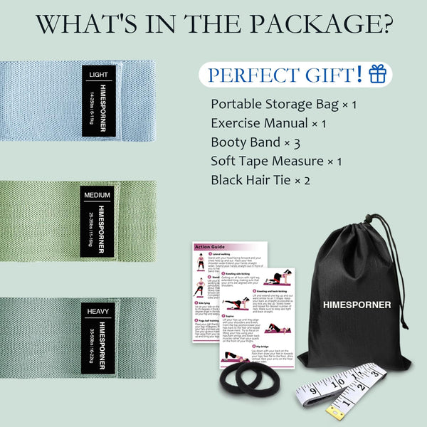 Wide Fabric Resistance Bands for Working Out, 3 Level Non-Slip Exercise Booty Bands for Women & Men Leg and Glutes with Hair Ties and Tape Measure