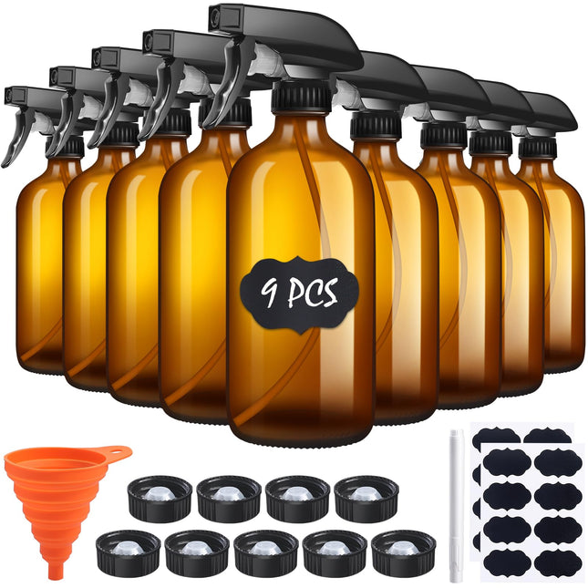 9 Pack Glass Spray Bottle 16Oz, Empty Amber Spray Bottle Refillable Container for Essential Oils,Cleaning Products,Aroma