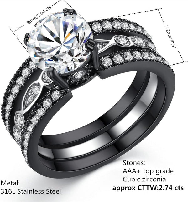 MABELLA Couple Rings Black MenâS Titanium Matching Band Women CZ Stainless Steel Engagement Wedding Sets