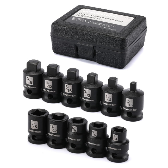 MIXPOWER 11 Pieces 3/8-Inch Drive Pipe Plug Socket Set, SAE, CR-MO, Tapered Male Square Drive, Chamfered Female Square D