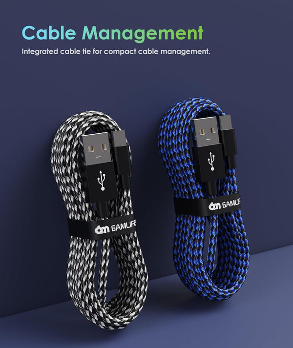 6Amlifestyle PS4 Controller Charger Charging Cable, 2 Pack 10Ft Extra Long Micro USB 2.0 Cable, Nylon Braided Cord, for PS4, PS4 Slim/Pro, Xbox