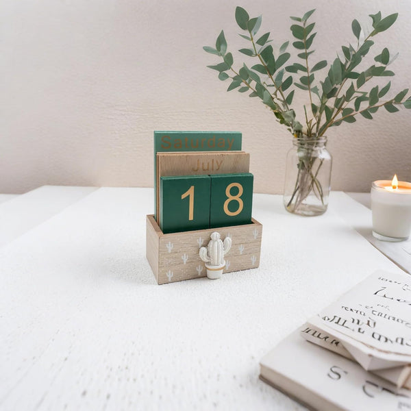 Notakia Perpetual Calendar, Wooden Calendar for Home Office Desk Accessories Vintage Wood Block Calendar(Green) Green cactus