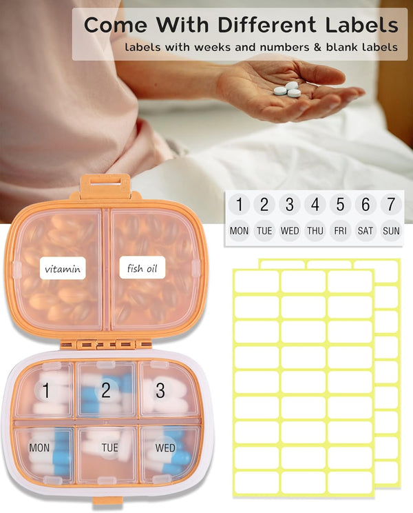 MEACOLIA Travel Pill Organizer, 1 Pack 8 Compartments Daily Pill Case Small Pill Box for Pocket Purse, Portable Pill Container Medicine Vitamin