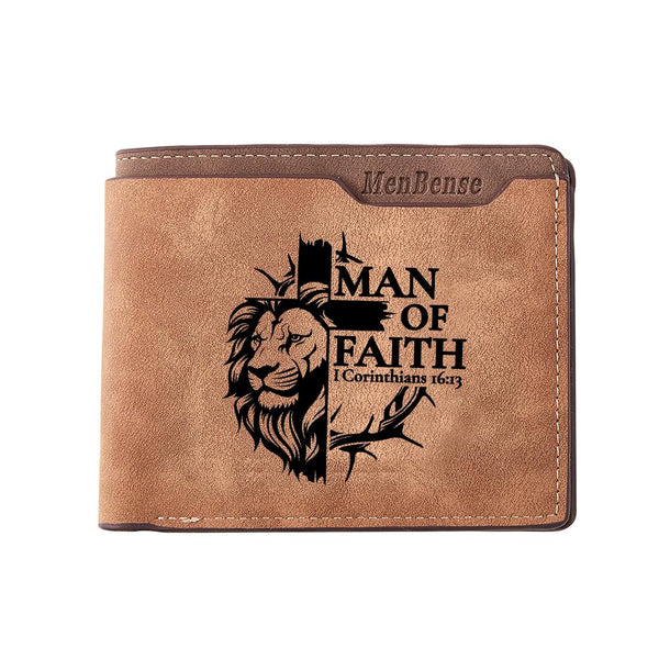 Kasutoo Men'S PU Wallet Multiple Card Slots, Id Window with Laser Engraving Pattern (Lion Man of Faith)
